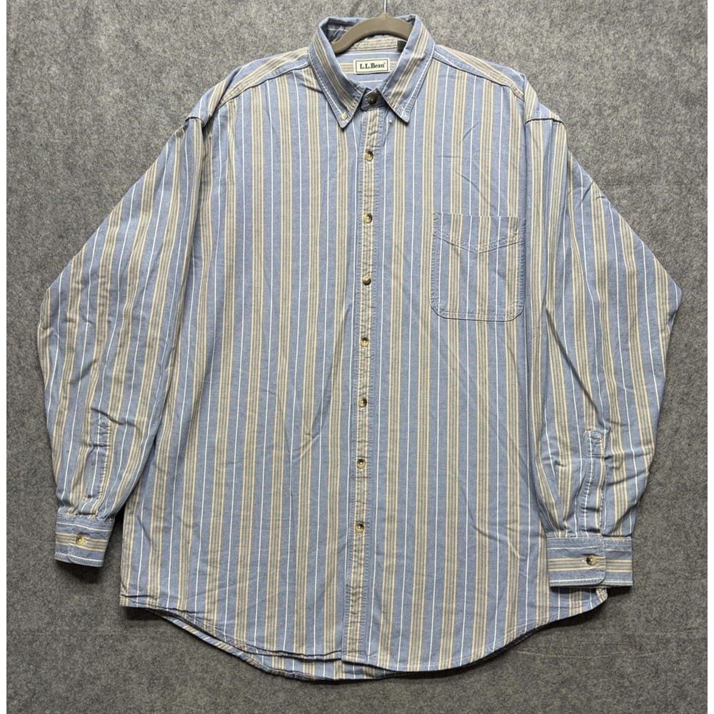 LL Bean Shirt Mens XL Tall Blue Yellow Striped Button Front Long Sleeve Cotton